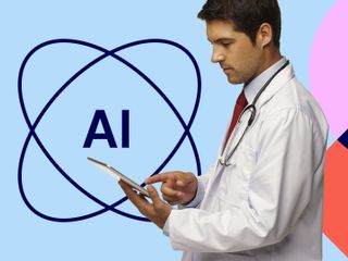 Side view of a serious young male doctor in lab coat using digital tablet. Vertical shot. Isolated on white.