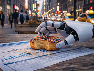 M&atilde;o de rob&ocirc; colocando uma rosquinha em cima de um jornal