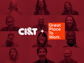 A grid of people smiling with a red overlap with the CI&T and Great Place to Work logos